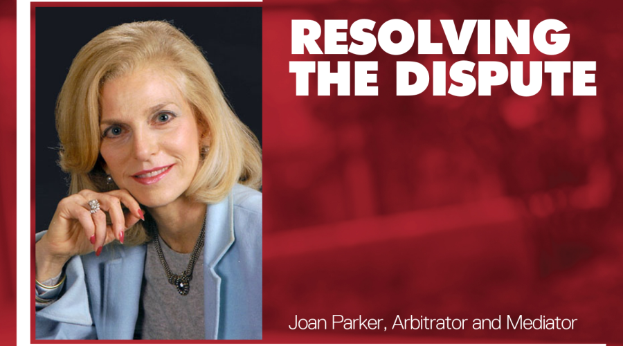 Joan Parker headshot with text "resolving the dispute"