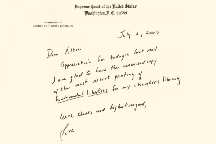 A handwritten note from U.S. Supreme Court Justice Ruth Bader Ginsburg, written from her chambers in 2001, to ILR Professor Milton Konvitz.