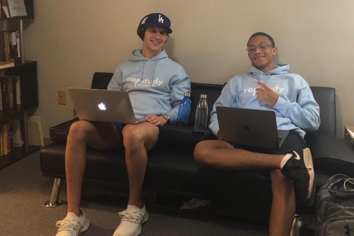 Drew Speckman ’21, left, and Cosimo Fabrizio, A&S ’22, co-founders of rapStudy, an app that pairs popular song melodies with new lyrics meant to help elementary and middle schoolers learn in a wide range of topics.