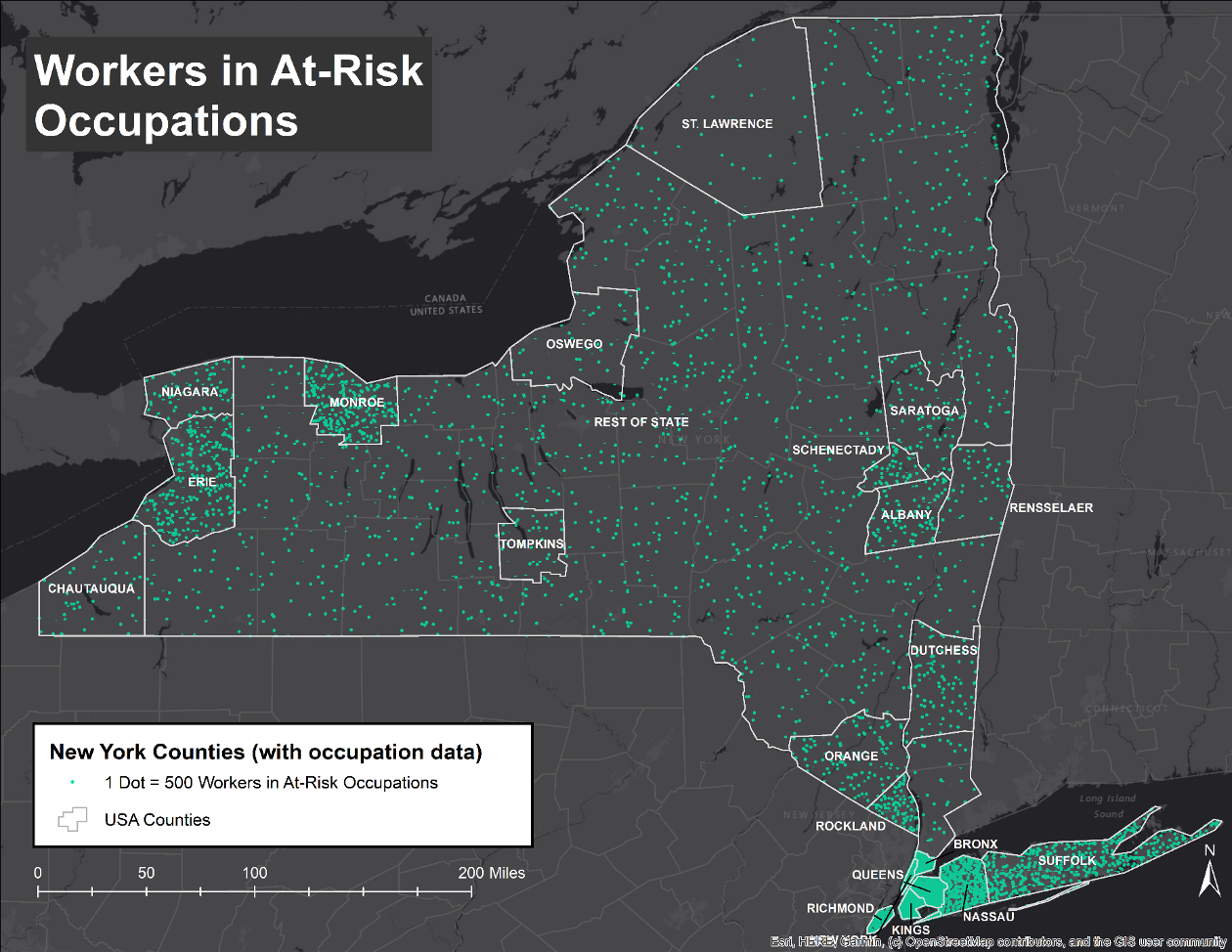 By far, ther are more workers in at risk occupations in the greater Manhattan area than in upstate locations
