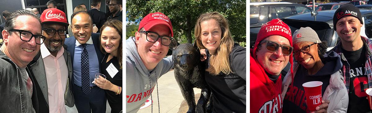 Jordan Berman ’95 group selfies at alumni events and posing with his wife Elizabeth and Touchdown the bear.