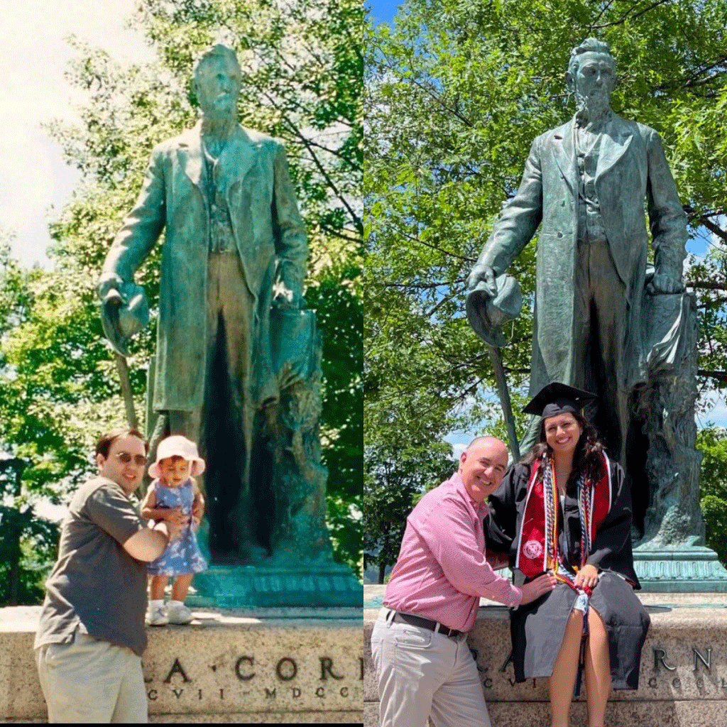 Hannah Schmelkin ‘22 and Marty Schmelkin ’91 with the Ezra Cornell statue 21 years apart.
