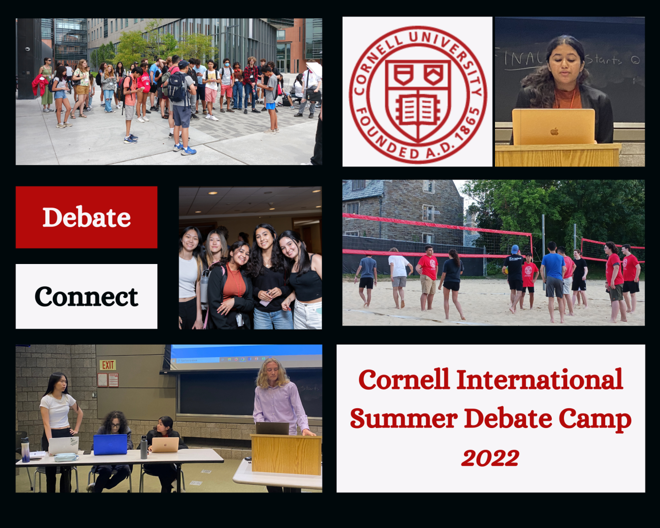 Collage showing different scenes of students at Cornell's debate camp