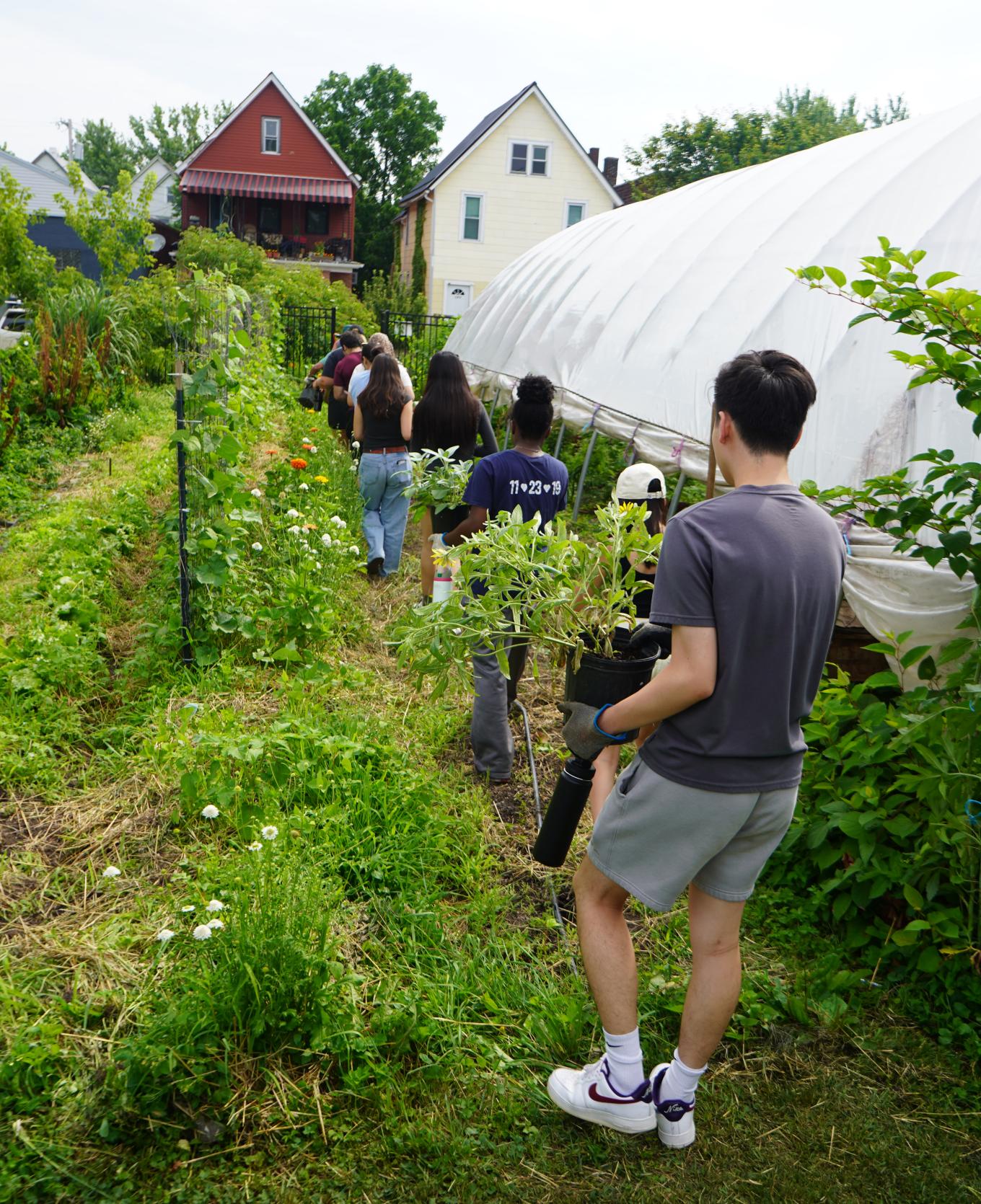 Buffalo High Road students walking through a garden