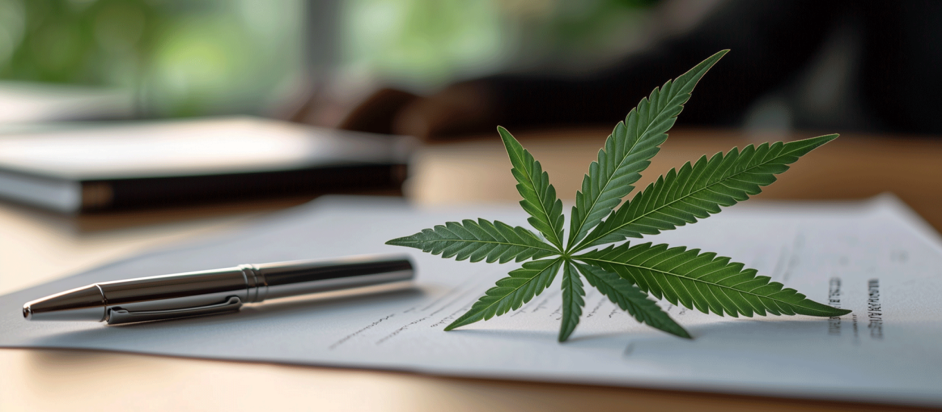 cannabis leaf on top of a business desk with pen