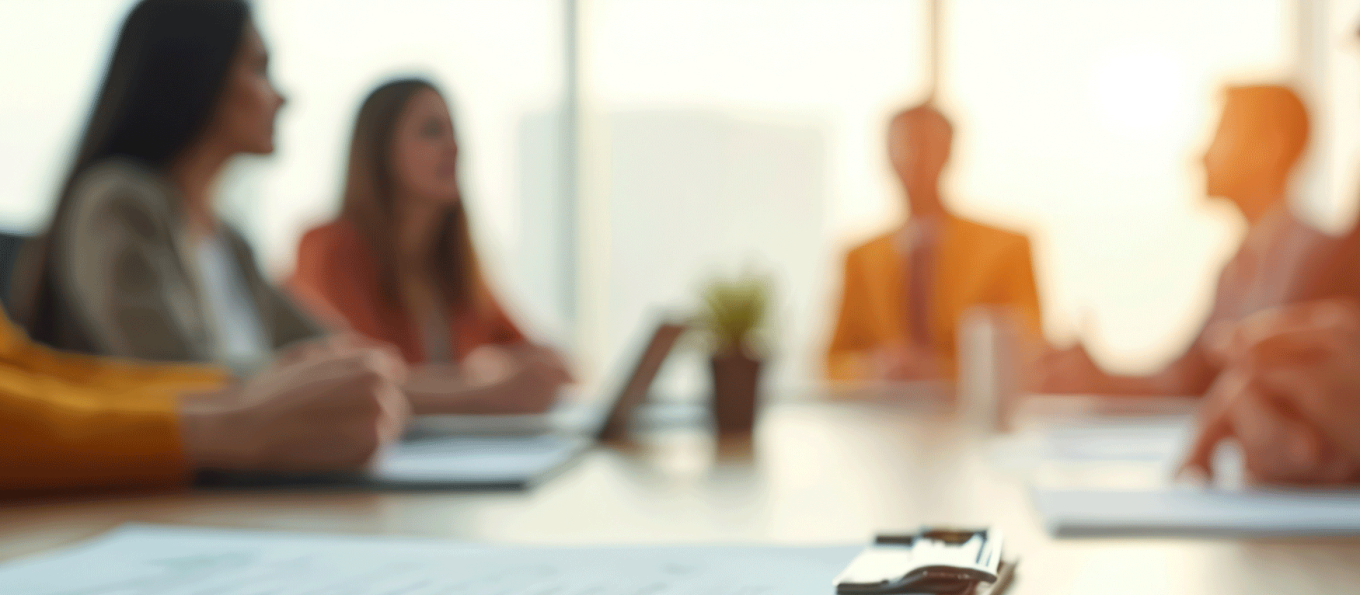 blurred image of adults sitting at a table in a conference room