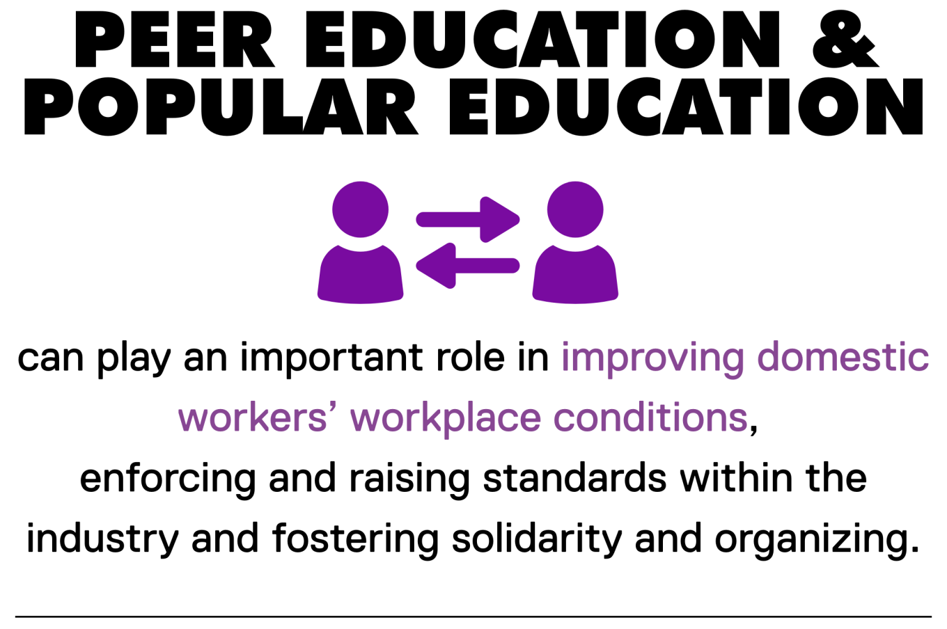 Peer education and popular education can play an important role in improving domestic workers’ workplace conditions,  enforcing and raising standards within the industry and fostering solidarity and organizing.