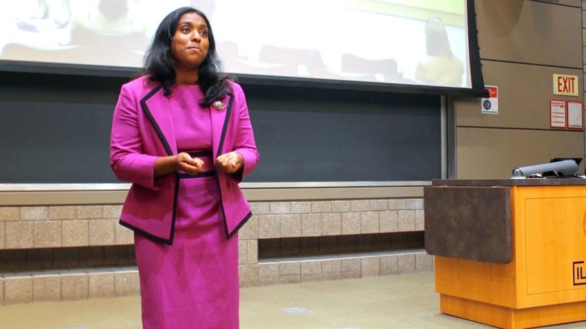 Asha Prabhat ’24, co-captain of the Cornell Speech Team, practices her speech advocating for more research around polycystic ovary syndrome in a classroom in the ILR School.