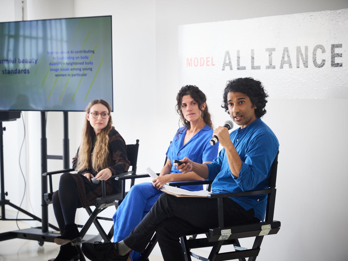 Alexandra Mateescu, Zoe West and Sanjay Pinto discussing their research at Model Alliance NYC
