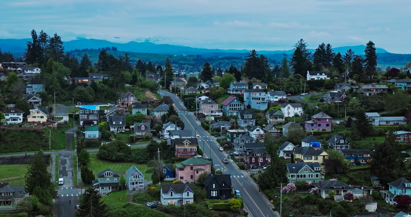 Aerial shot of a neighborhood, homes, in Oregon