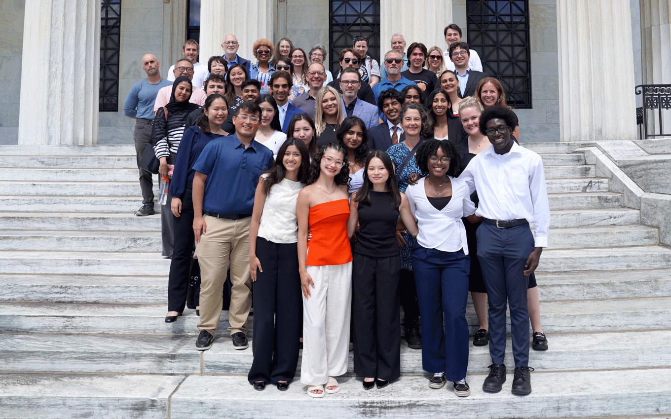 group of students and mentors standing on steps