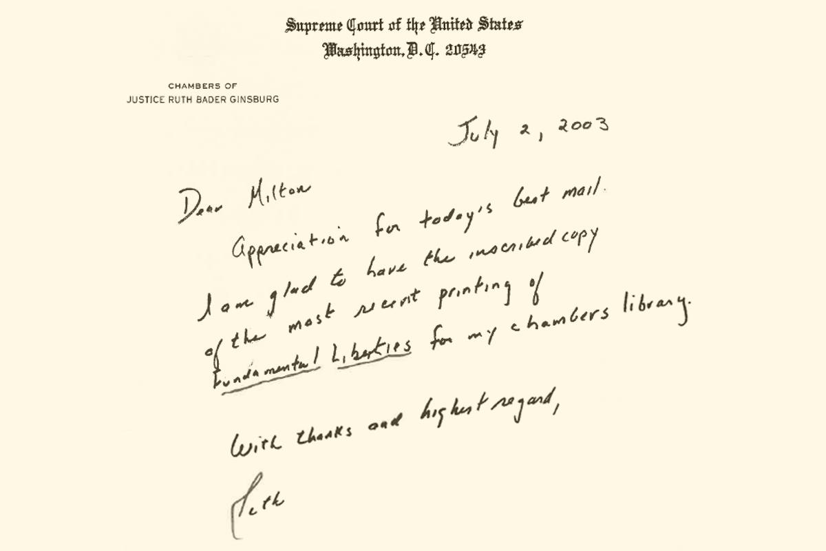 A handwritten note from U.S. Supreme Court Justice Ruth Bader Ginsburg, written from her chambers in 2001, to ILR Professor Milton Konvitz.