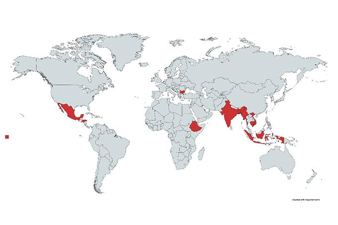 World map showing the study's target countries: Mexico, Honduras, Bulgaria, Ethiopia, India, Myanmar, Cambodia, Vietnam, Indonessia, Bangladesh