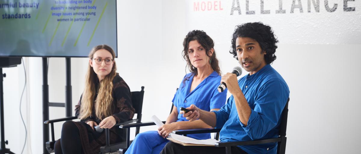 Alexandra Mateescu, Zoe West and Sanjay Pinto discussing their research at Model Alliance NYC