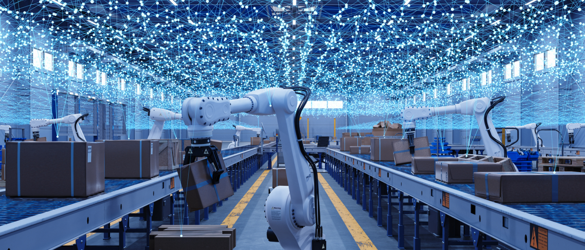 Robotic arms in a warehouse working on an assembly line