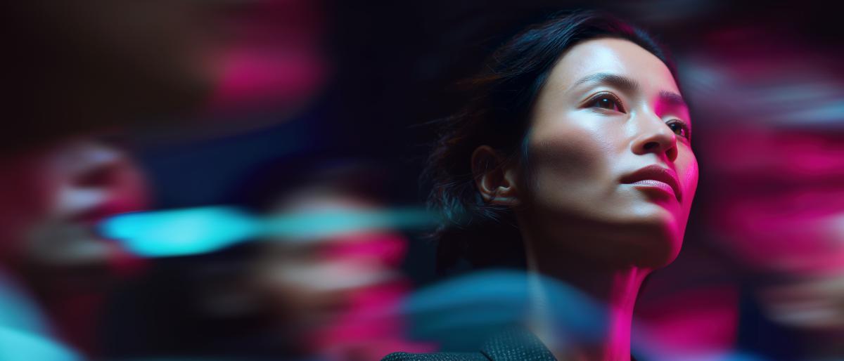 A business professional stands with arms crossed, looking upward with a confident expression, surrounded by blurred neon blue and pink light streaks in a dark, futuristic setting.
