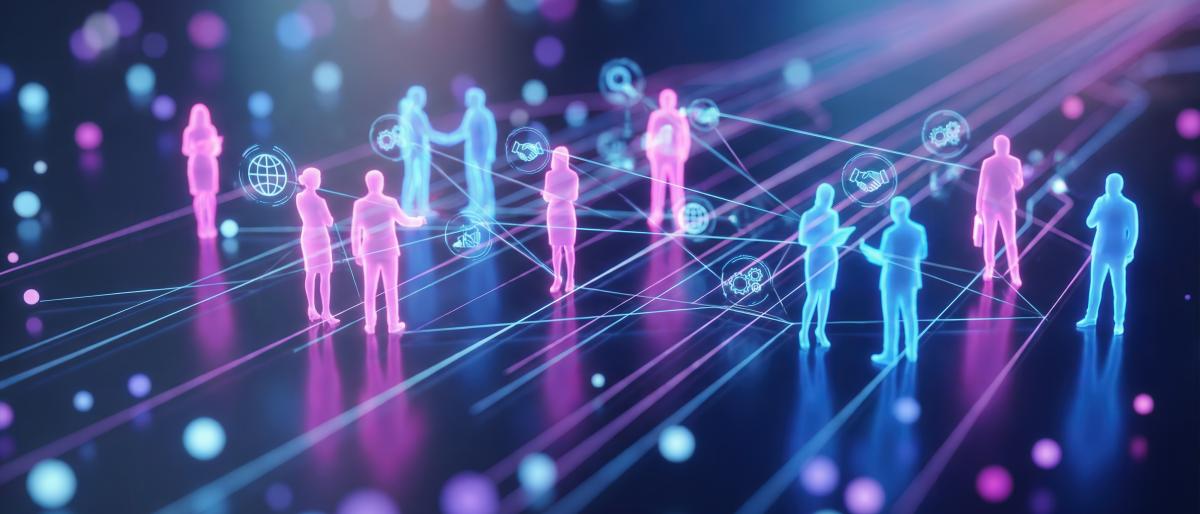 Abstract silhouettes of professionals connected by glowing digital lines and workplace collaboration icons, representing AI-enabled talent management.