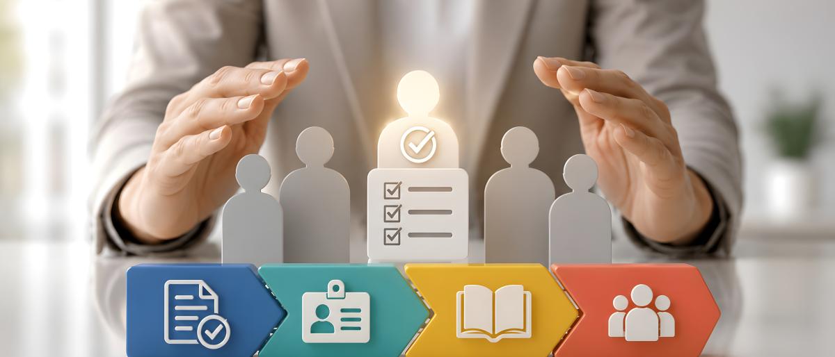 A business professional gestures protectively around a highlighted employee figure and icons representing evaluation, development, and team management.