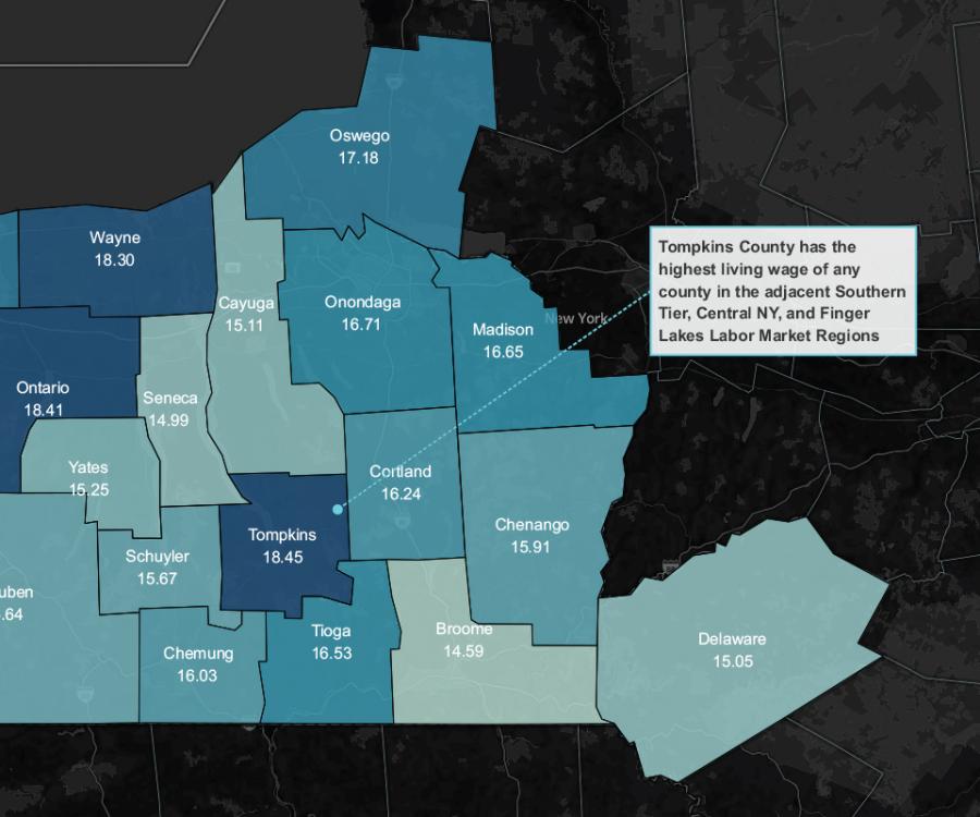 Central New York county map shown with their individual living wage amount