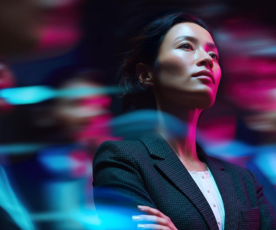 A business professional stands with arms crossed, looking upward with a confident expression, surrounded by blurred neon blue and pink light streaks in a dark, futuristic setting.