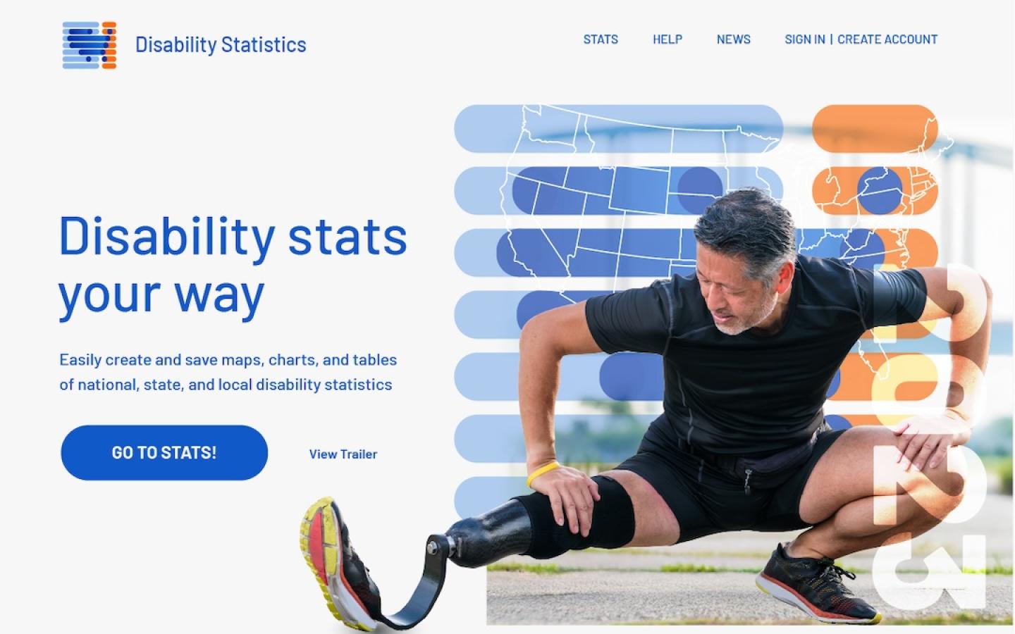 Screenshot of Disability Statistics Home page shows the tagline "Disability stats your way". It also shows an athlete doing a sqat. The athlete has a prosthetic leg.