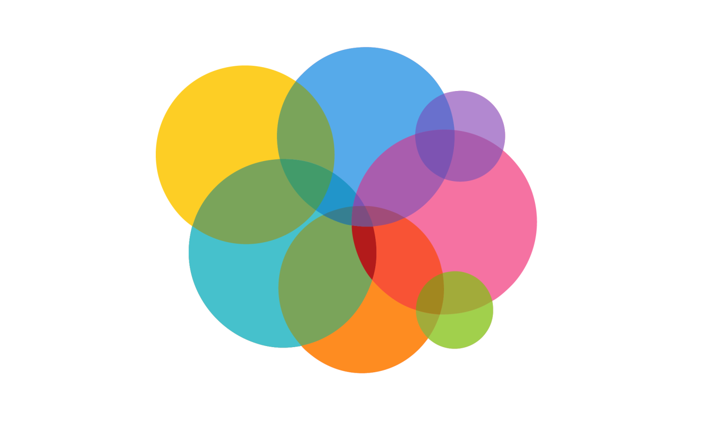 Overlapping translucent circles in bright colors, including yellow, blue, pink, teal, orange, purple, and green, on a white background.
