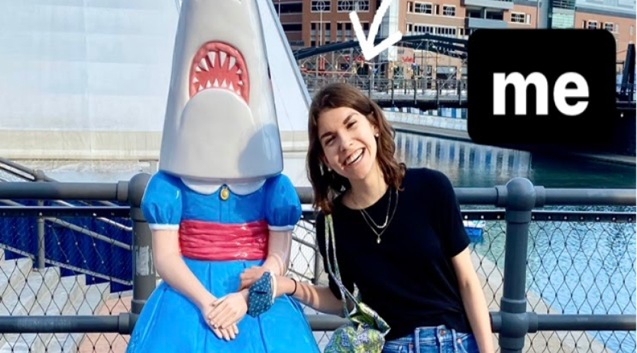 High Road Fellow on right with arm around icon statue of Shark Girl in Buffalo on left