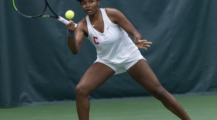 Khary Pryce ‘22 competes with the Big Red women's tennis team vs. Binghamton during the 2020 season. 