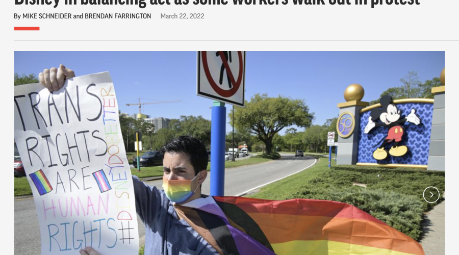 Disney cast member Nicholas Maldonado protests his company's stance on LGBTQ issues, while participating in an employee walkout at Walt Disney World, Tuesday, March 22, 2022, in Lake Buena Vista, Fla.