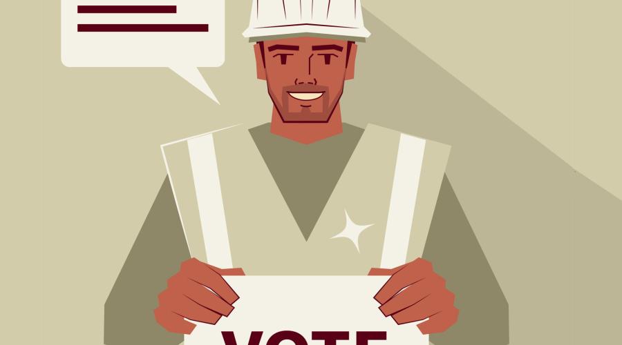 A graphic of a construction worker casting a vote