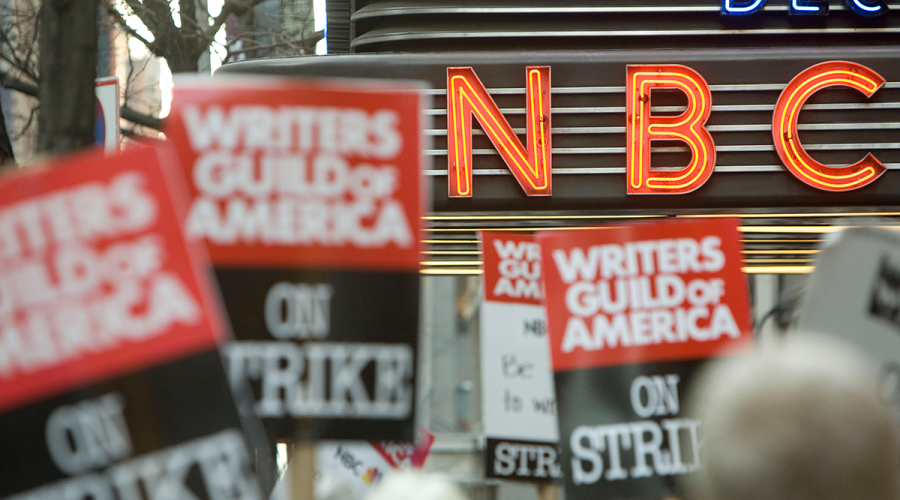 Writers Guild members strike in front of NBC