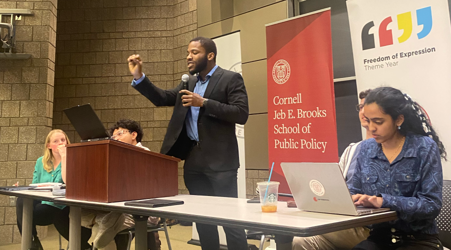 Daniel Obaseki argues to affirm freedom of speech at the finale of a four-debate sequence led by the ILR School this semester as part of Cornell’s Freedom of Expression Theme Year.
