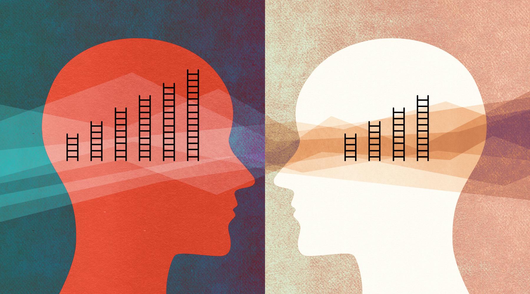 This image is a conceptual illustration representing contrasting mindsets or perspectives.