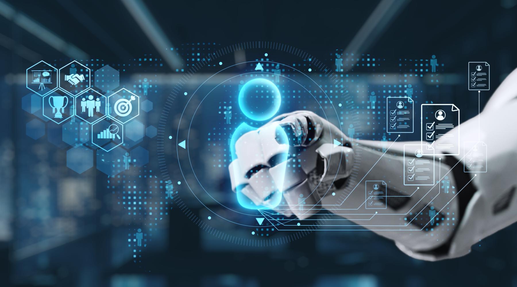 A robotic hand interacts with digital icons in a futuristic workspace showcasing technology, data, communication, and innovation themes.