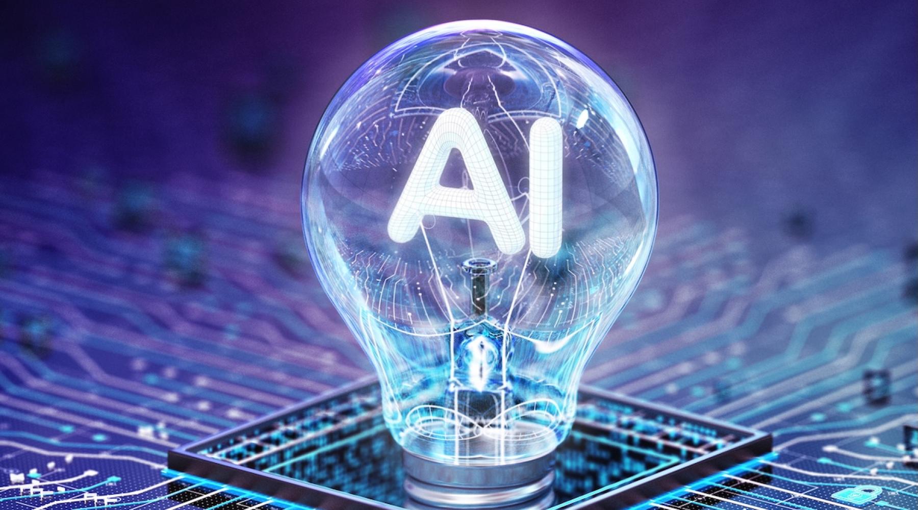 Futuristic looking lightbulb with the letters AI inside, plugged into a circuit board