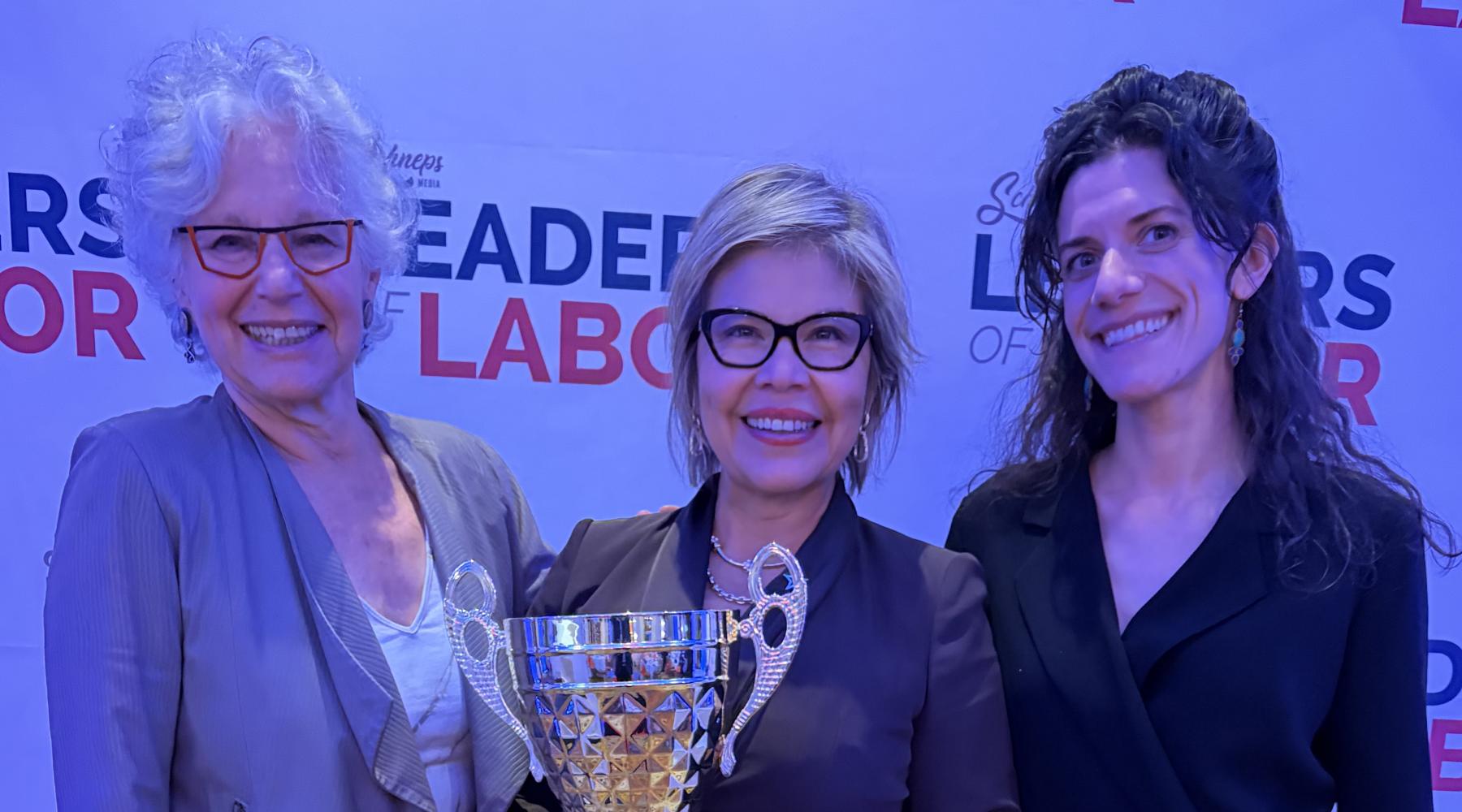 Patricia Campos-Medina with KC Wagner and Zoe West at the Leaders of Labor award ceremony in 2025. 