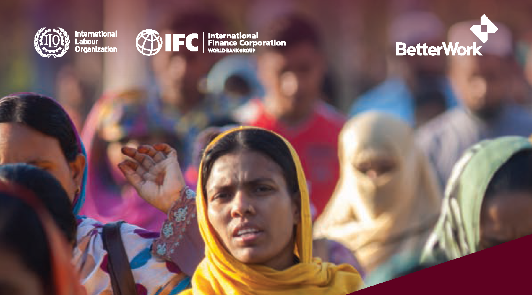 The fron page of "The Heat is On" report. A woman stands with a yellow fabric over her head, and the title "The Heat is On: How heat stress impacts the apparel industry, jobs, and worker health" is on a dark maroon background. The logos of Cornell University, the Global Labor Institue, and the Facility for Investment Climate Advisory Services sit on the bottom of the page on a white background.