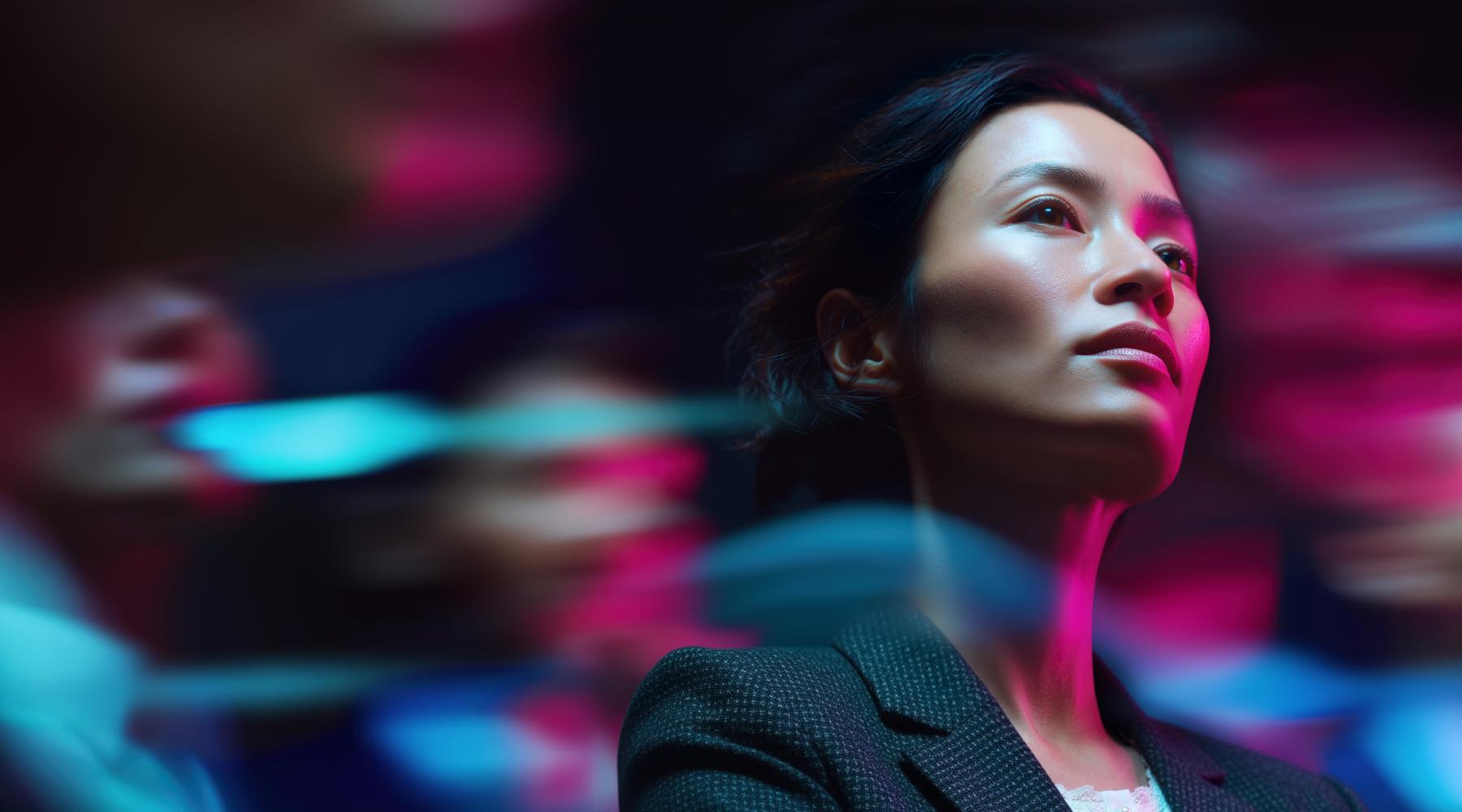 A business professional stands with arms crossed, looking upward with a confident expression, surrounded by blurred neon blue and pink light streaks in a dark, futuristic setting.