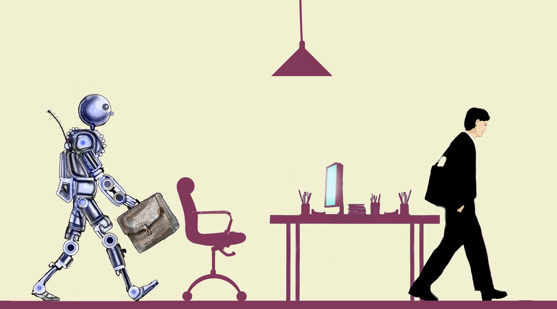 An illustration of a robot replacing a worker at his desk