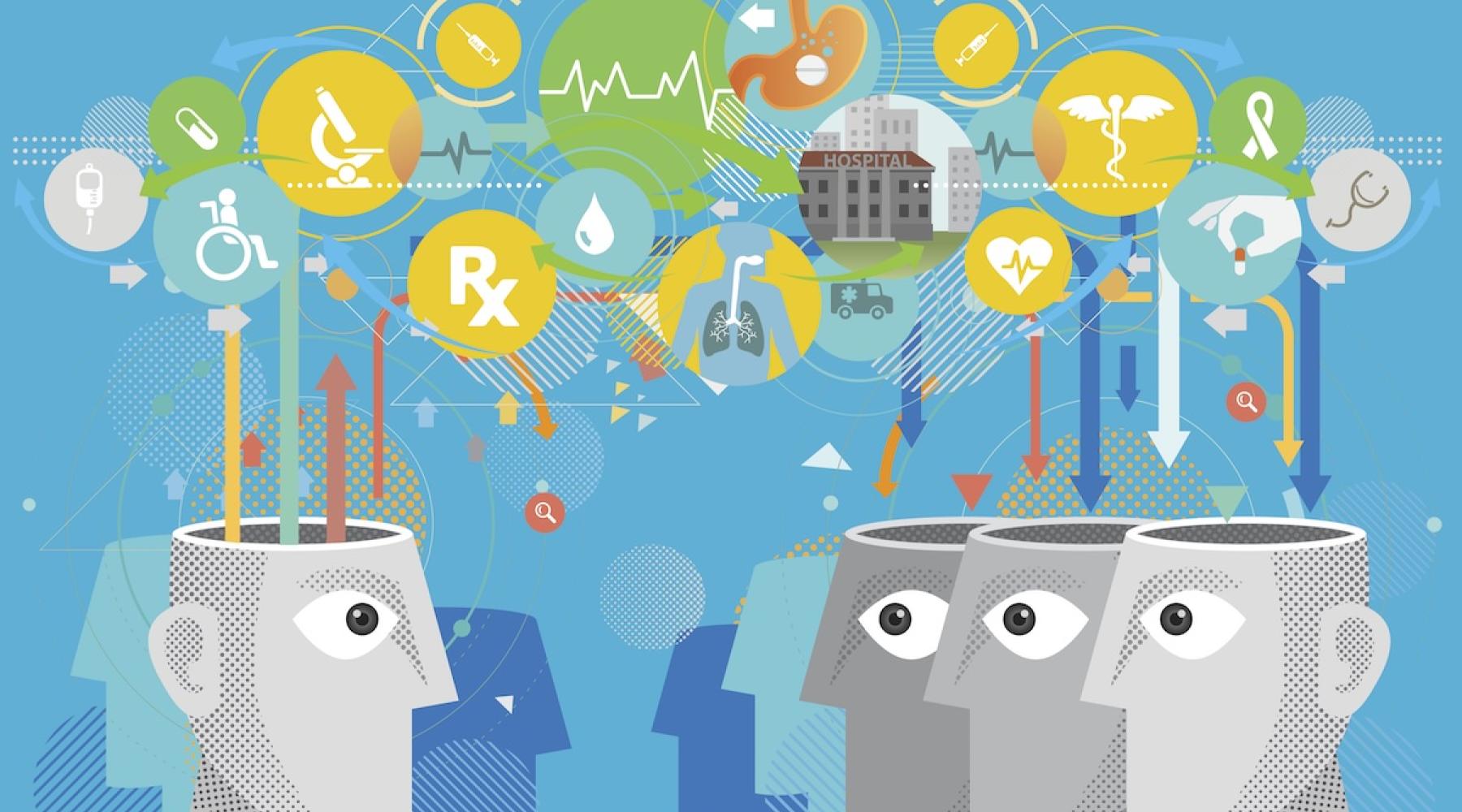 Cartoon-style people sharing ideas about healthcare