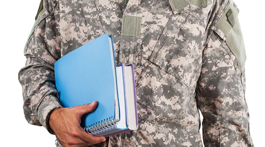 Man in camouflage holding textbooks
