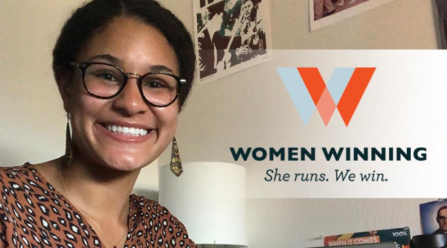 Theresa Grace Mbanefo '22 working from her home during her summer internship with Women Winning.