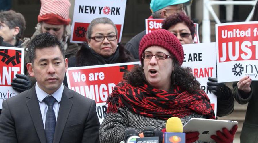 Valeria Treves leads rally for New York Immigration Coalition
