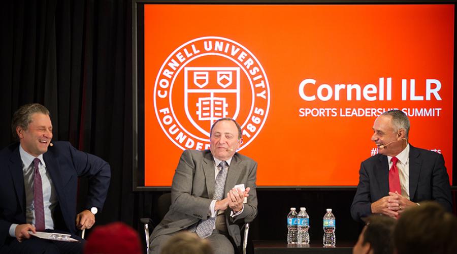 (Left to right) Jeremy Schaap '91, ESPN personality, Gary Bettman '74, NHL Commissioner, and Rob Manfred '80, MLB Commissioner, speak at ILR Sports Leadership Summit