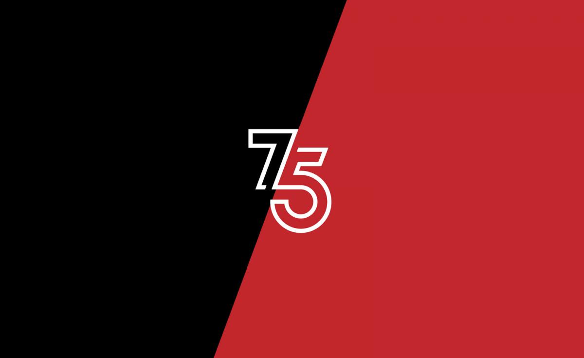 The number 75 on a red and black background