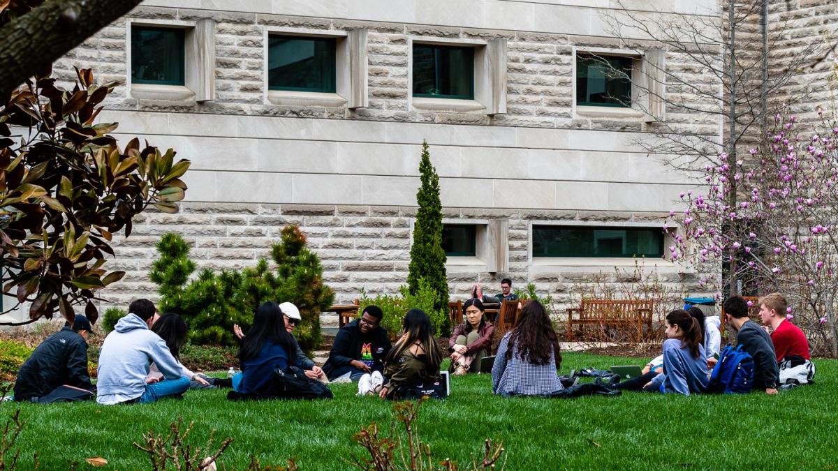 undergraduate students sitting on the grass in ILR's lower courtyard