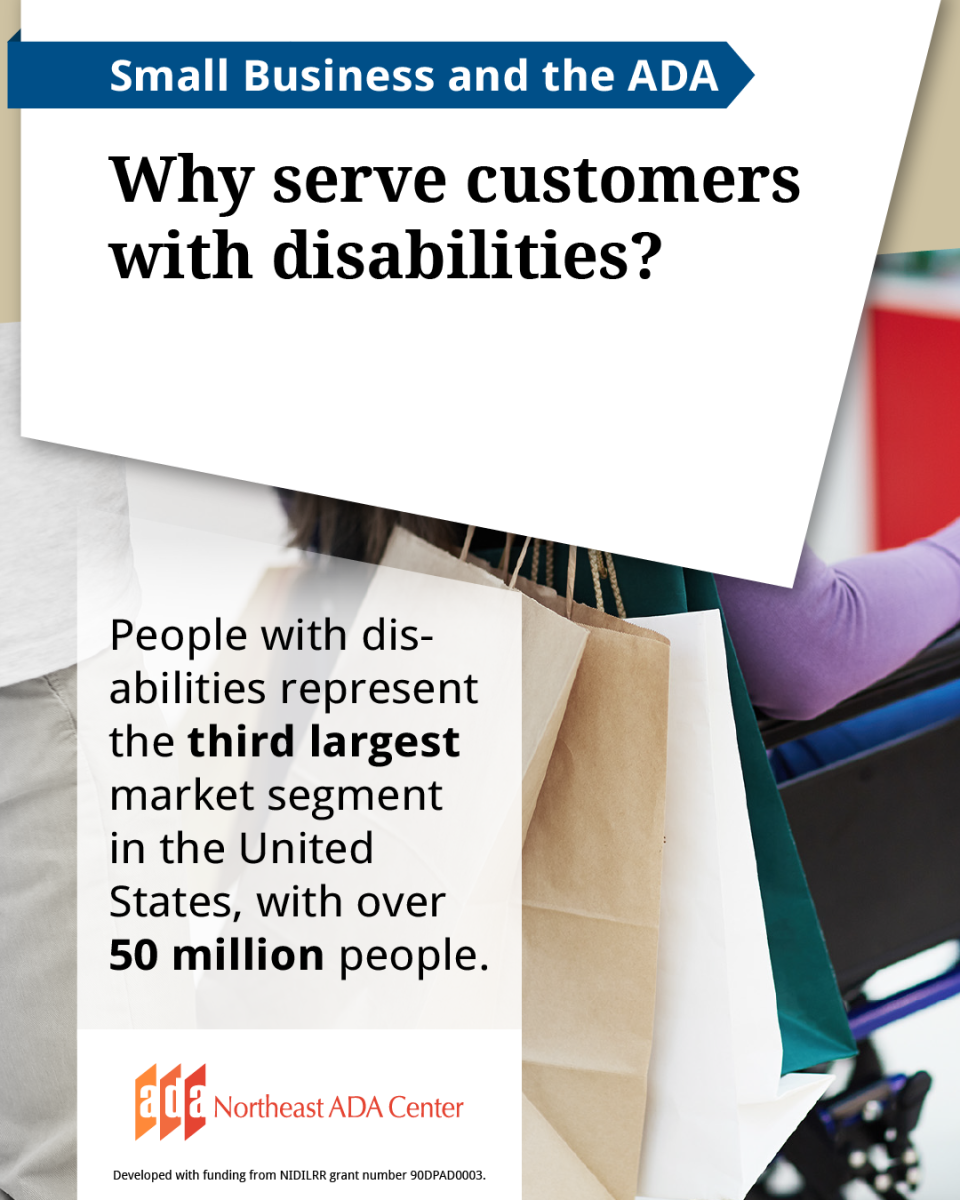 Social media banner with a background image of a person in a wheelchair that has shopping bags hung over a rear handle. The text says: Small business and the ADA. Why serve customers with disabilities? People with disabilities represent the third largest market segment in the United States, with over 50 million people.