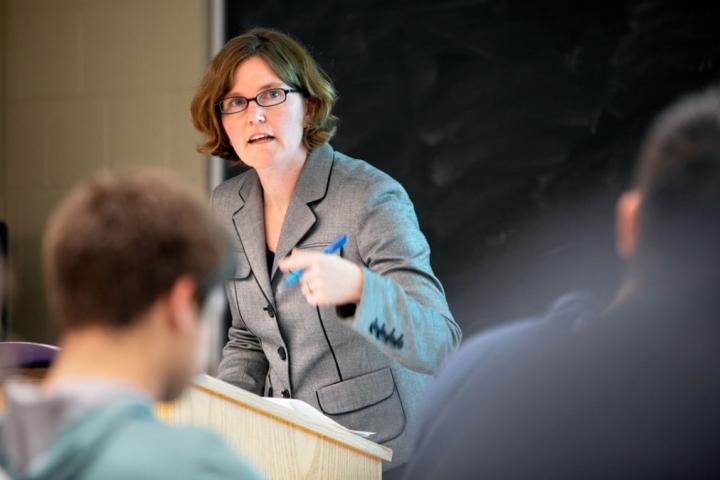 Kati Griffith, associate professor of labor and employment law, speaks during a class in Ives Hall.