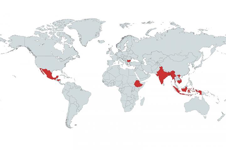 World map with Mexico, Honduras, Bulgaria, Ethiopia, India, Myanmar, Bangladesh, Vietnam, Cambodia, and Indonesia highlighted in red.