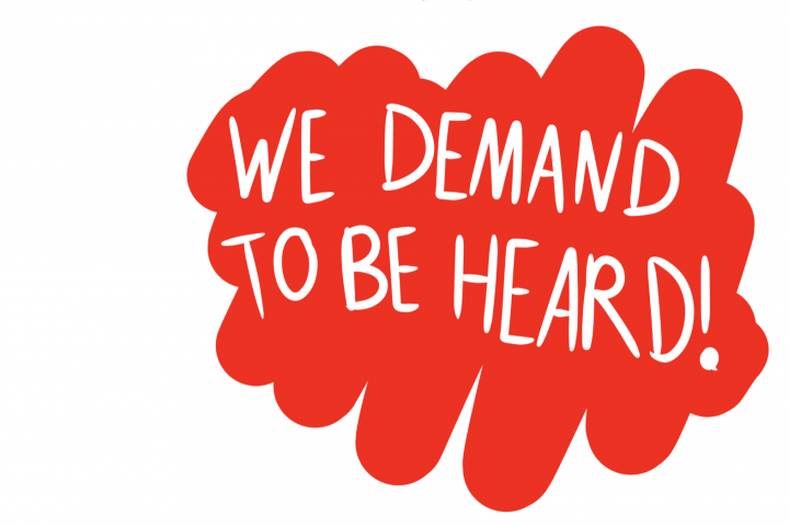 Red blob with text "We Demand to Be Heard"